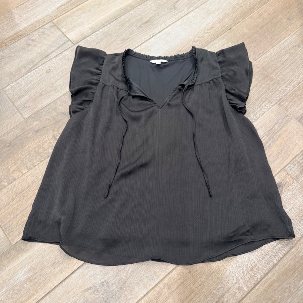 LC Lauren Conrad Black Flutter Sleeve Ruffle Tie Neck Blouse XL